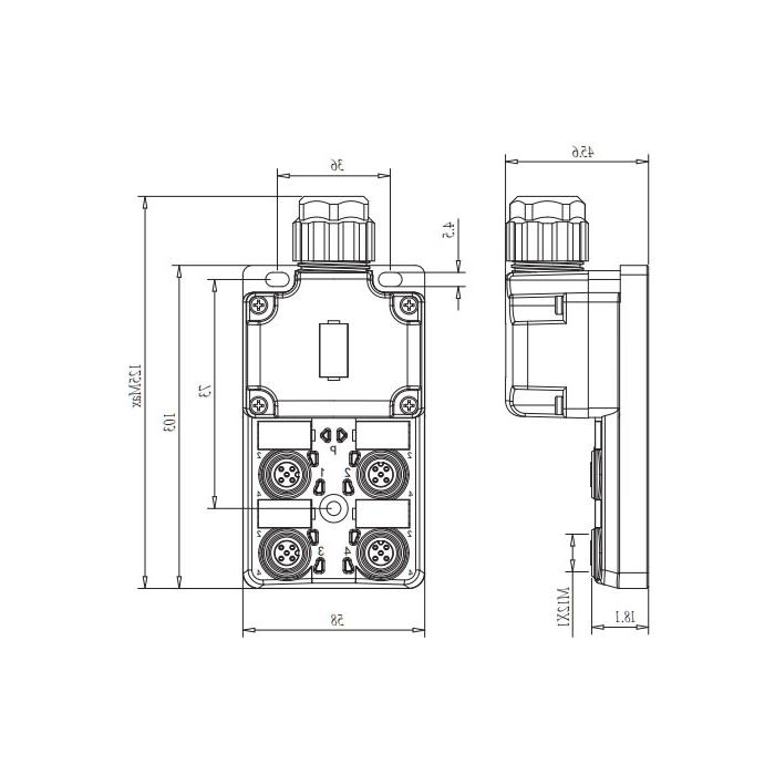 M12 junction box, dual channel, NPN, 4-port split, LED, PCB terminal with plug, 24N4SG