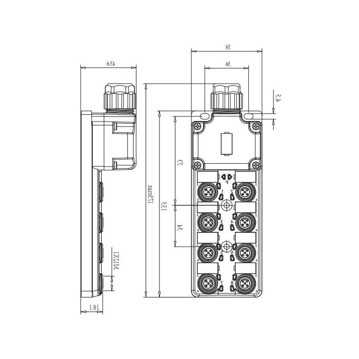 M12 junction box, dual channel, PNP, 8-port split, LED, PCB terminal with plug, 24P8SN