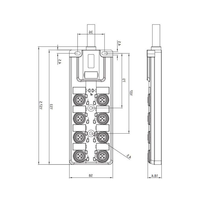 M12 junction box, single channel, Without LED, 8-port integrated, PVC non-flexible cable, grey sheathed, 24W821-XXX